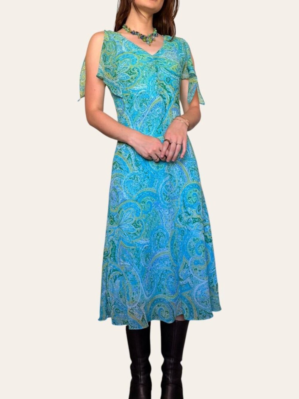 Y2k vintage Dressbarn blue/green paisley chiffon flutter sleeve fairy dress - Picture 5 of 8